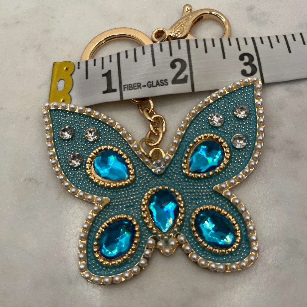 Teal‎ Butterfly Keychain Bag Charm Statement Blue Gold Rhinestone New Accessory